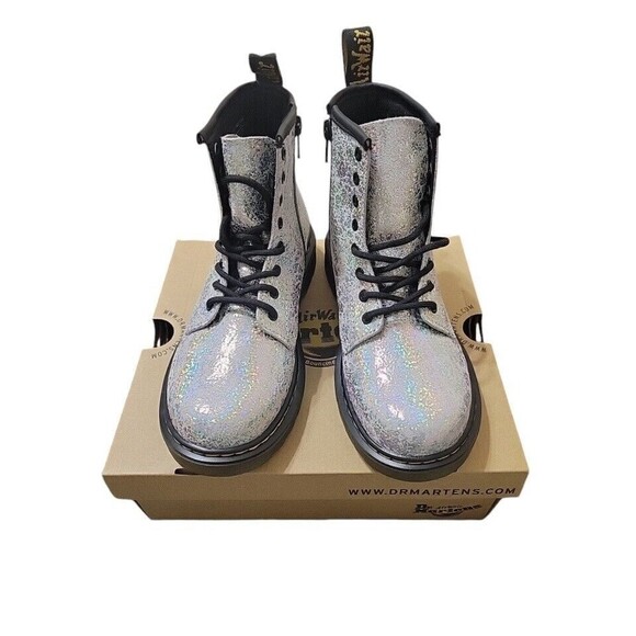 Dr. Martens 1460 Silver Disco Crinkle Lace Up Side Zip Combat Boots Kid’s 3 NEW